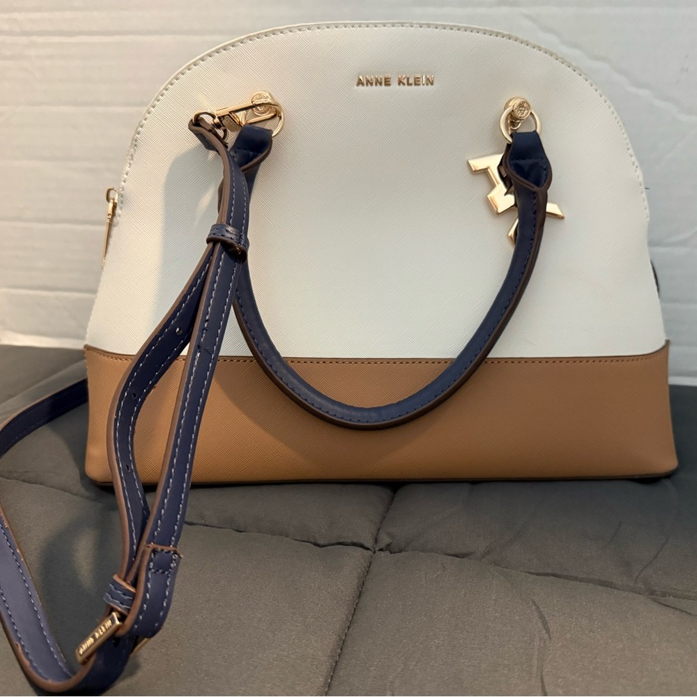 Anne Klein Stylish Faux Leather Cream and Tan Handbag with Navy Accents